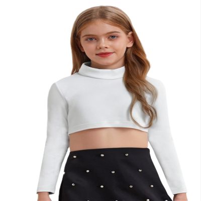 dPois Kids Girls Dance Crop Tops Long Sleeve High Neck Shirts Hip Hop Jazz Dancewear Gymnastcis T Shirt Streetwear Ivory 8