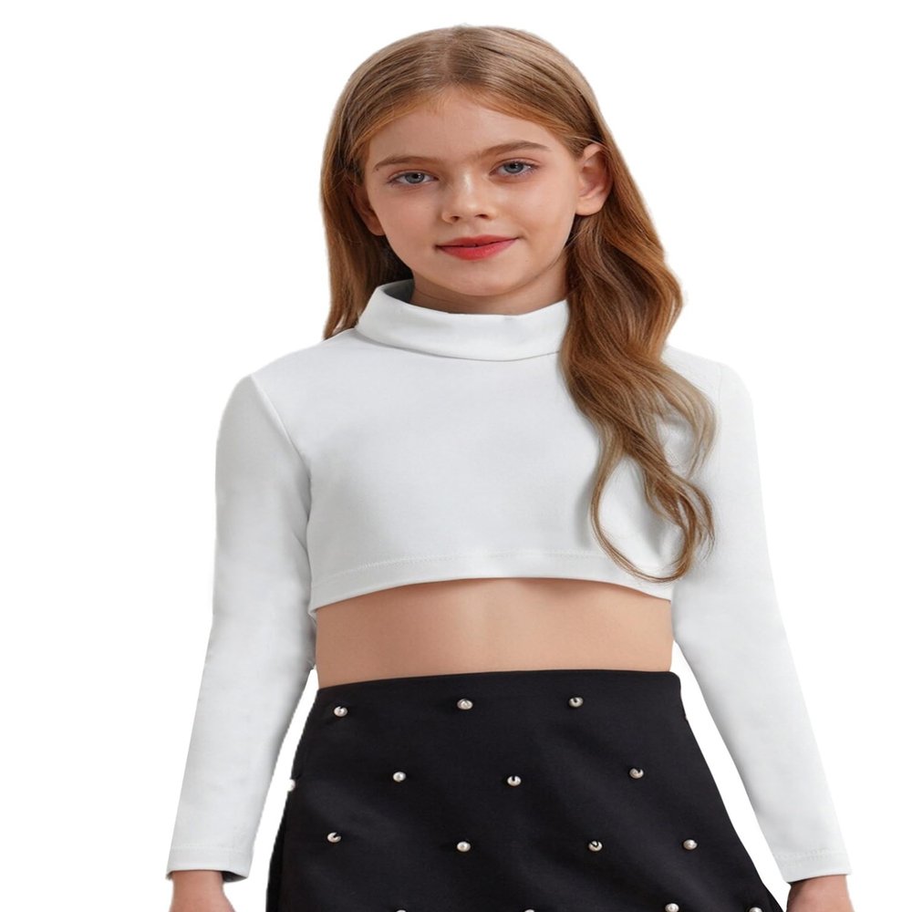 dPois Kids Girls Dance Crop Tops Long Sleeve High Neck Shirts Hip Hop Jazz Dancewear Gymnastcis T Shirt Streetwear Ivory 8