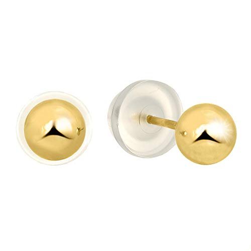 14k Real Yellow Gold Ball Stud Earrings, Silicone Pushbacks - 4mm