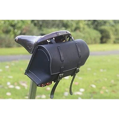 London Craftwork Bicycle Bag Saddle/Handlebar/Frame Bag in Black Leather Classic Bag White Stitching XL-BL-WH