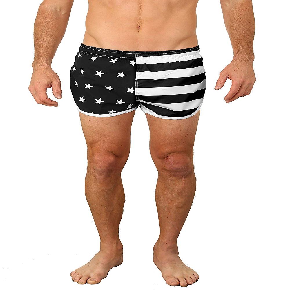 UZZI Men's Side Split Running Shorts 1830AF, Flag Black/White, S