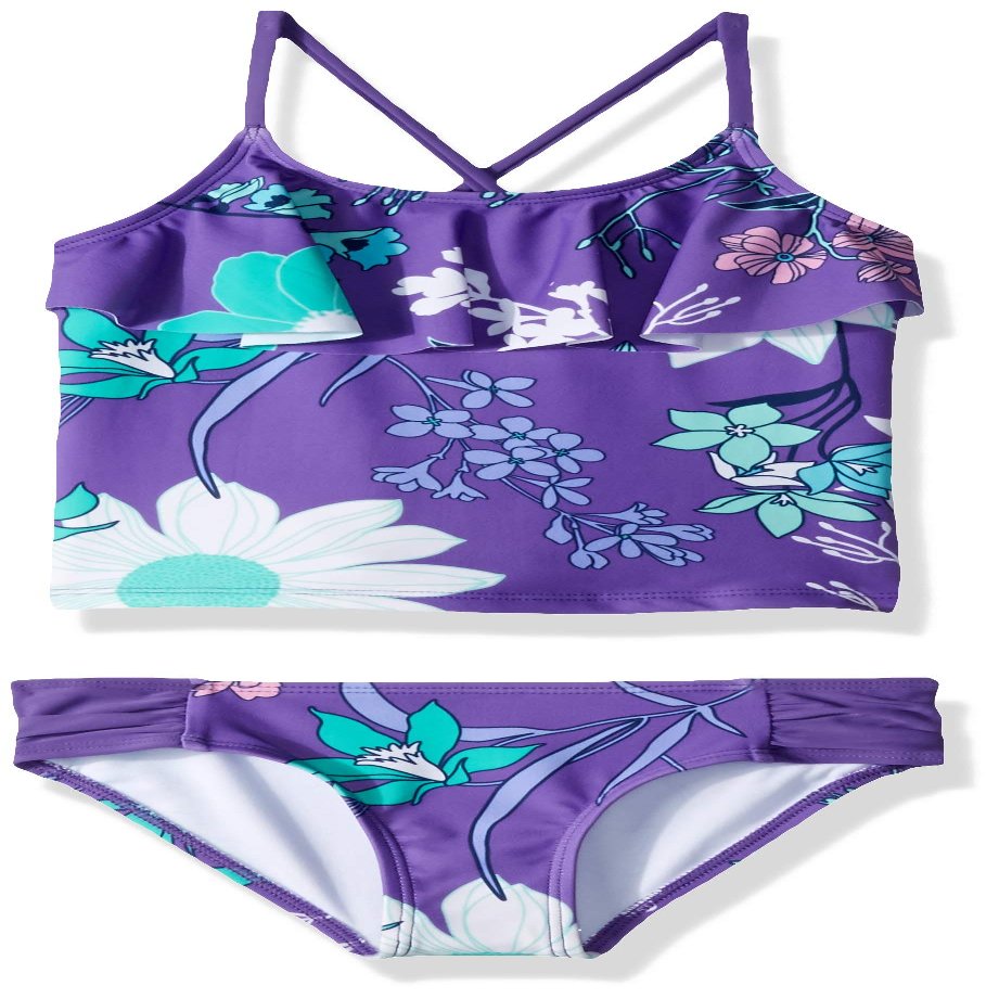 Kanu Surf girls Charlotte Flounce Tankini Beach Sport 2-piece Two Piece Swimsuit, Paige Purple Floral, 12 US