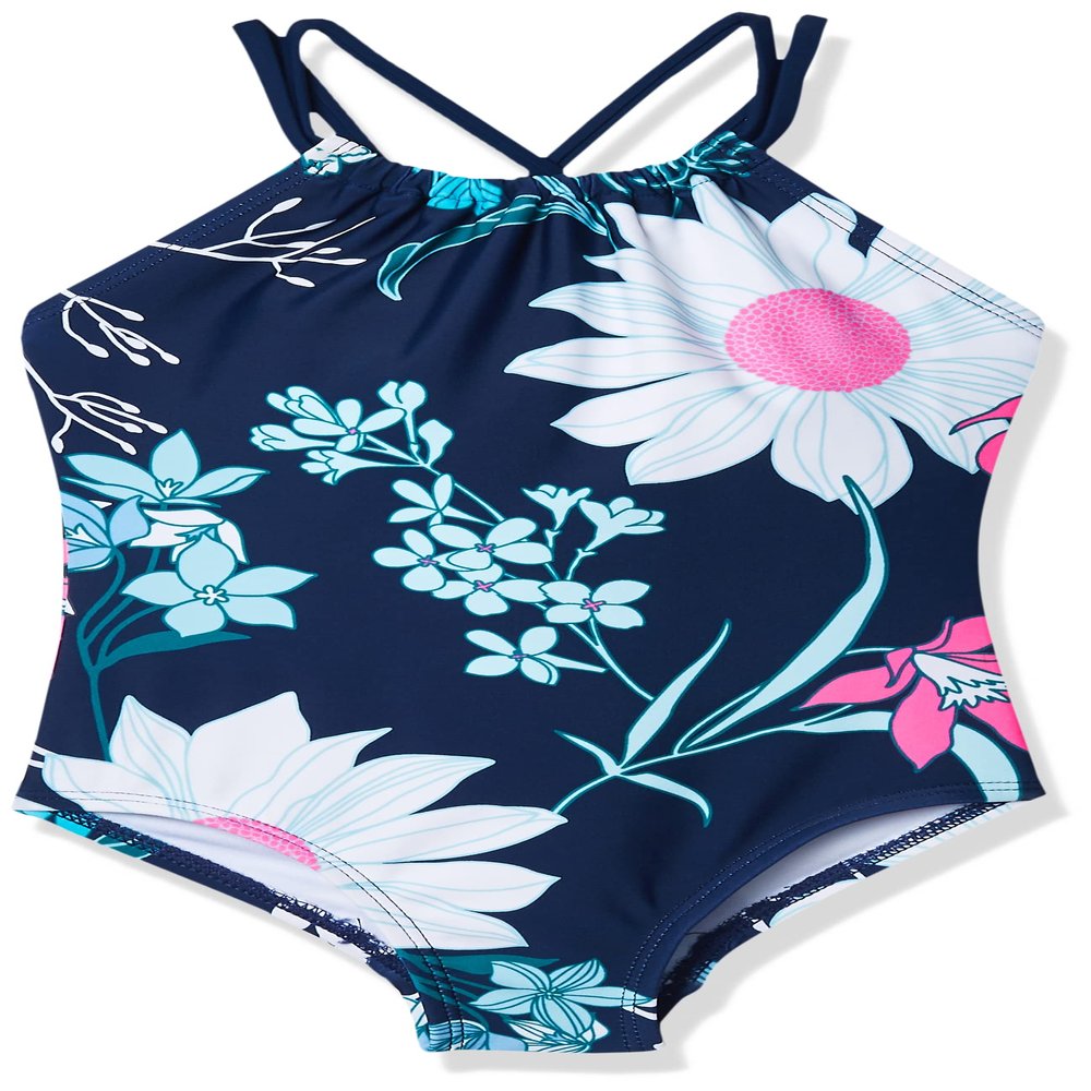 Kanu Surf Girls' Big Paige Floral Halter Top Beach Sport 1-Piece Swimsuit, Navy, 10