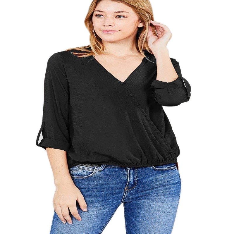 3/4 roll up Sleeve v-Neck w/Surplice Woven top Black