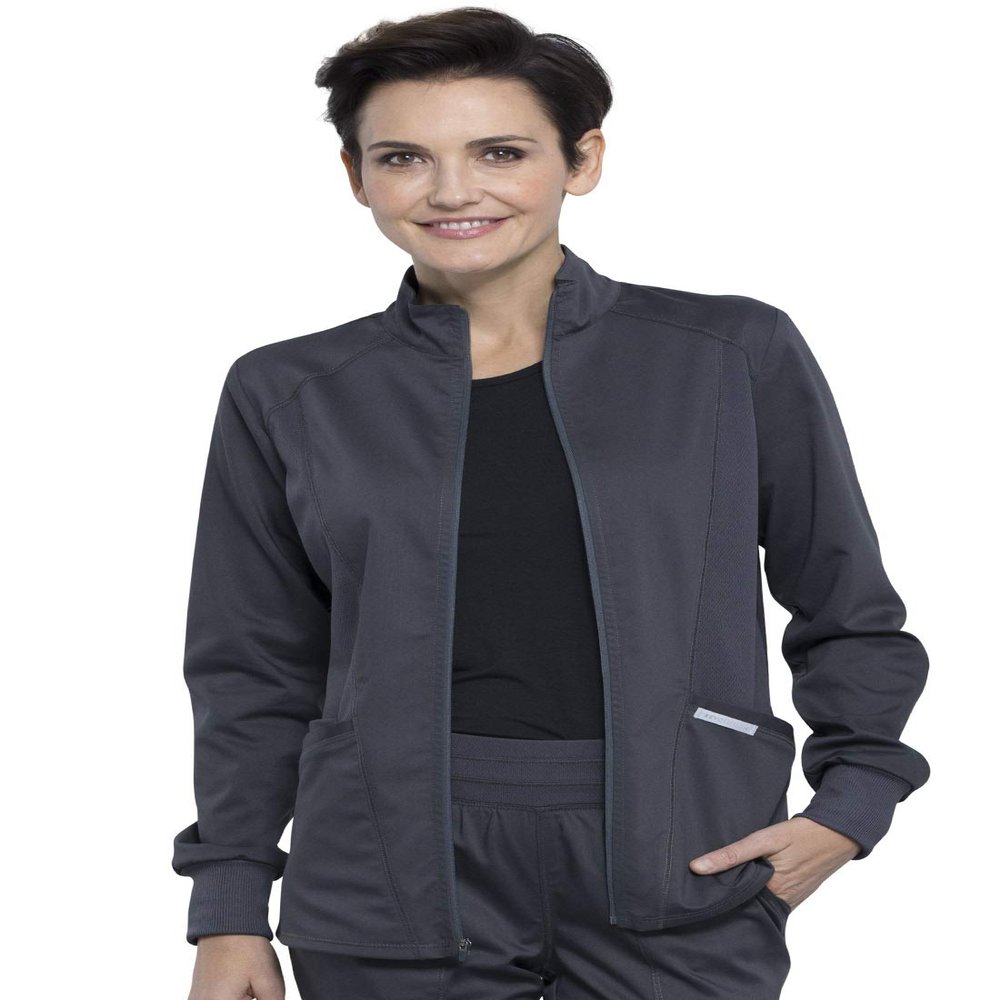 Cherokee Scrub Jacket for Women Zip Front High-Low Medical Uniform, 3 Pockets, Mesh Detail, Ultra Soft 2-Way Stretch Plus Size - WW301, 2XL, Pewter