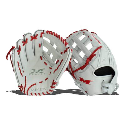 Miken | PRO SERIES Slowpitch Softball Glove | 13.5" | White / Red Laces | RHT