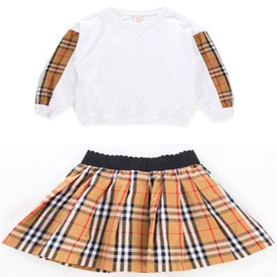 FTSUCQ Girls Checkered Printed Pullover Tracksuits Sweatshirt Top + Skirt,White 120