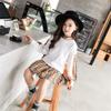 FTSUCQ Girls Checkered Printed Pullover Tracksuits Sweatshirt Top + Skirt,White 120 view 3