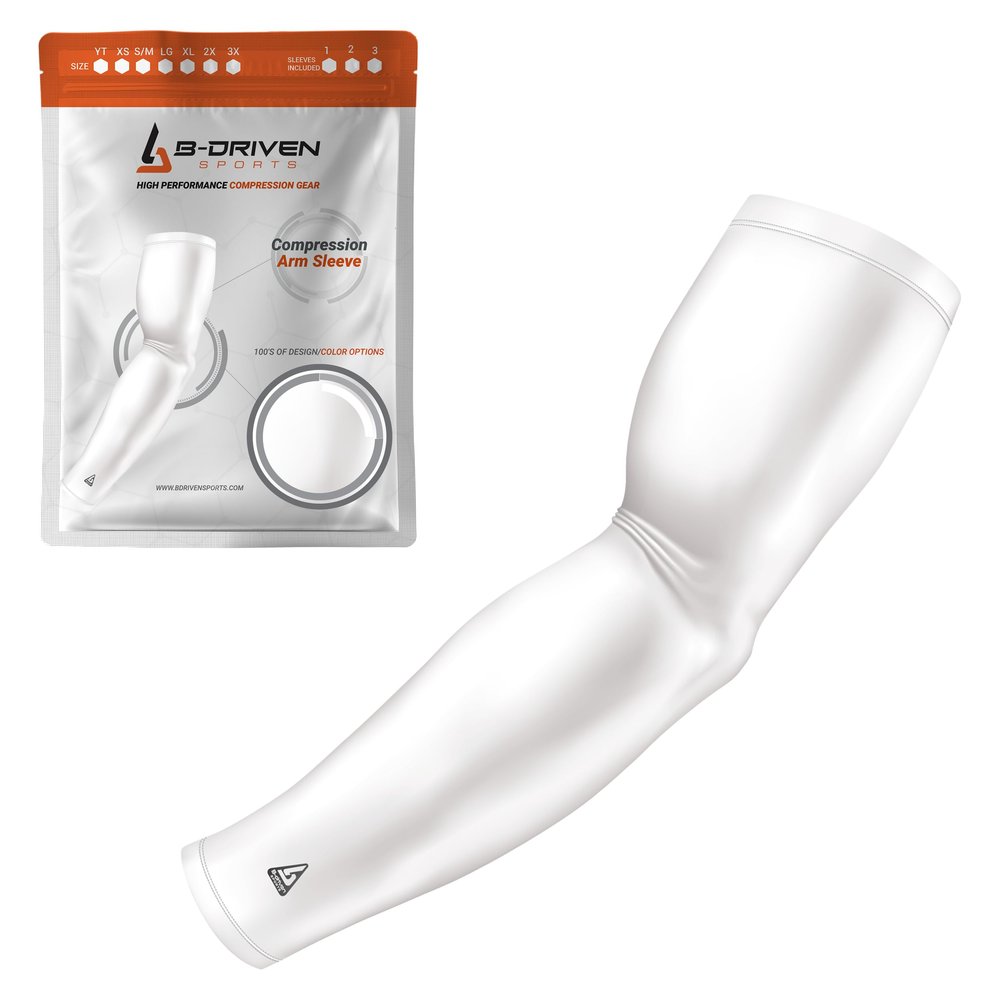B-Driven Sports Pro-Fit Compression Arm Sleeve - Athletic Sports Support for Baseball, Basketball, Football, Softball, Running, Volleyball, Men, Women, Youth - White XXXX-S (Youth S) (1pc)
