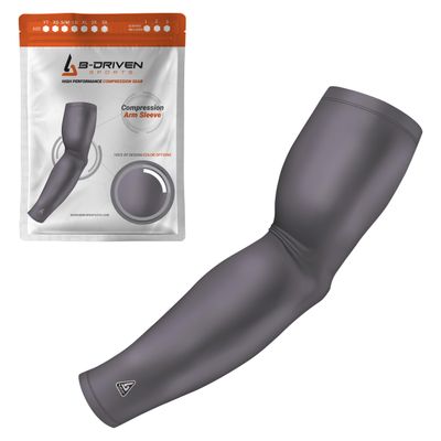 B-Driven Sports Pro-Fit Compression Arm Sleeve - Athletic Sports Support for Baseball, Basketball, Football, Softball, Running, Volleyball, Men, Women, Youth - Grey XXXX-S (Youth S) (1pc)