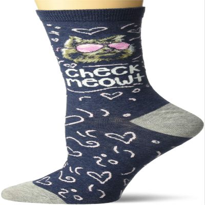 K. Bell Socks Women's Fun with Words Novelty Saying Crew Socks, Blue (Check Meowt), Shoe Size: 4-10