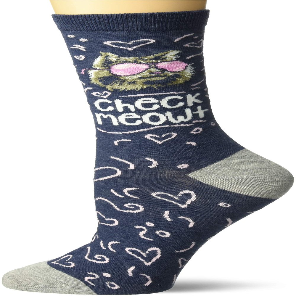 K. Bell Socks Women's Fun with Words Novelty Saying Crew Socks, Blue (Check Meowt), Shoe Size: 4-10