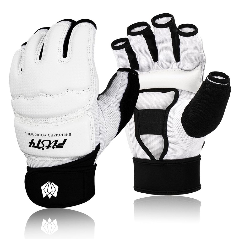 FitsT4 Sports Half Mitts MMA UFC Training Boxing Punch Bag Kickboxing Sparring Grappling Martial Arts Muay Thai Taekwondo Wrist Wraps Support Gloves for Women Men Kids White XS