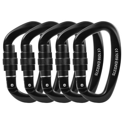 Locking Carabiner - 25kN 5600lb Climbing Carabiner Screw Gate D Shape Carabiner All Black (Pack of 4)