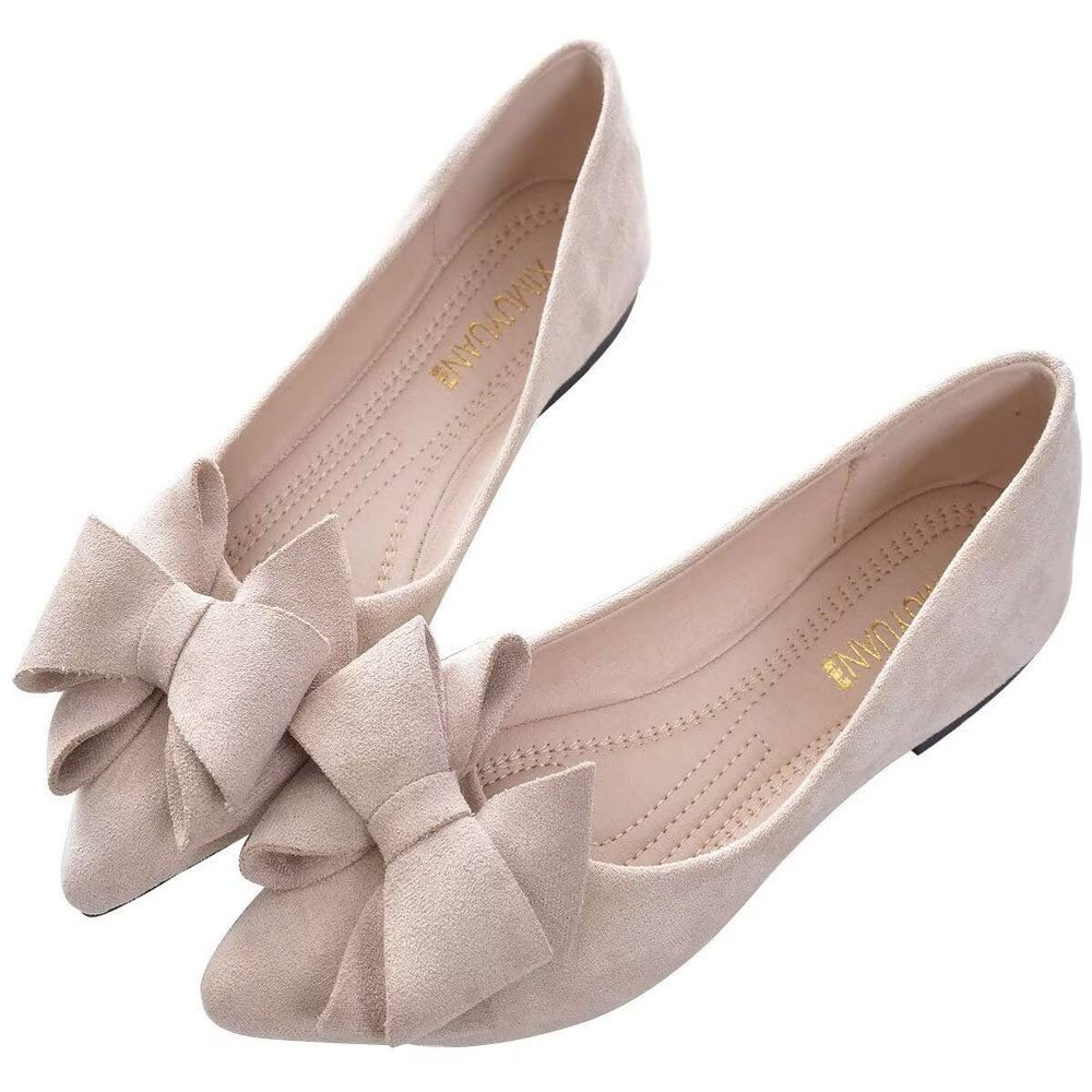 SAILING LU Bow-Knot Ballet Flats Womens Pointy Toe Flat Shoes Suede Dress Shoes Wear to Work Slip On Moccasins Apricot Size 6.5