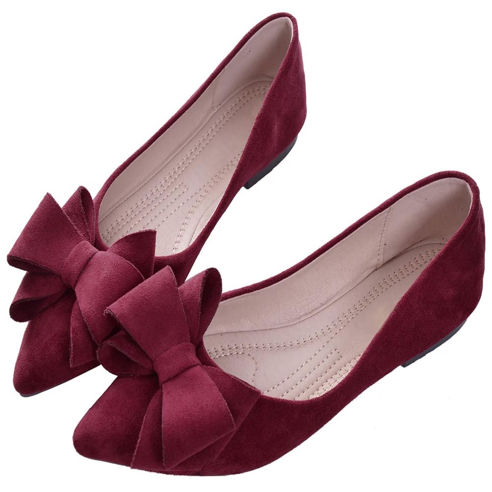 SAILING LU Bow-Knot Ballet Flats Womens Pointy Toe Flat Shoes Suede Dress Shoes Wear to Work Slip On Moccasins Burgundy Size 8