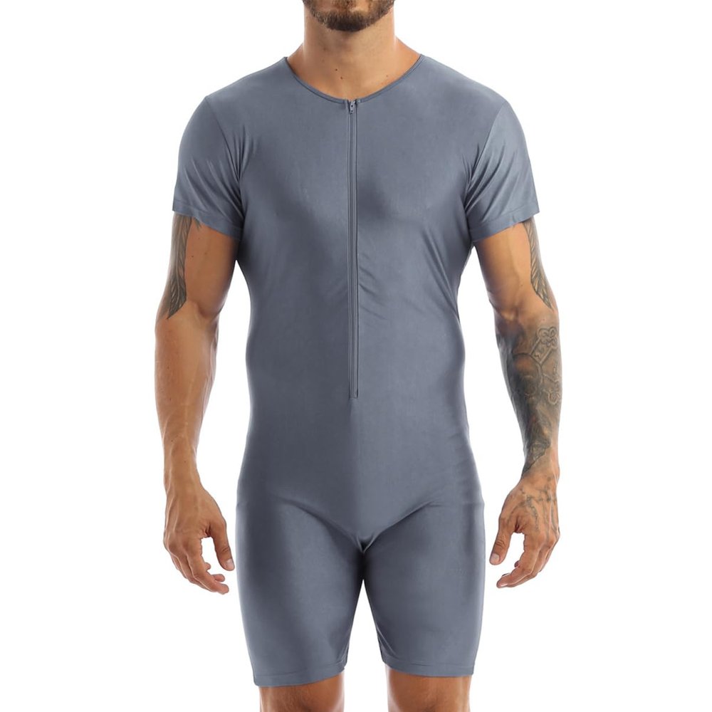 YOOJIA Men's One-Piece Short Sleeve Wrestling Singlet Sports Leotard Bodysuit Workout Unitard Gray XX-Large