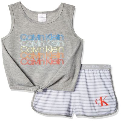 Calvin Klein Girls' 2-Piece Sleepwear T-Shirt and Shorts Pajama Set | Cozy Comfort for Kids | Grey/Heather Stripe | Small
