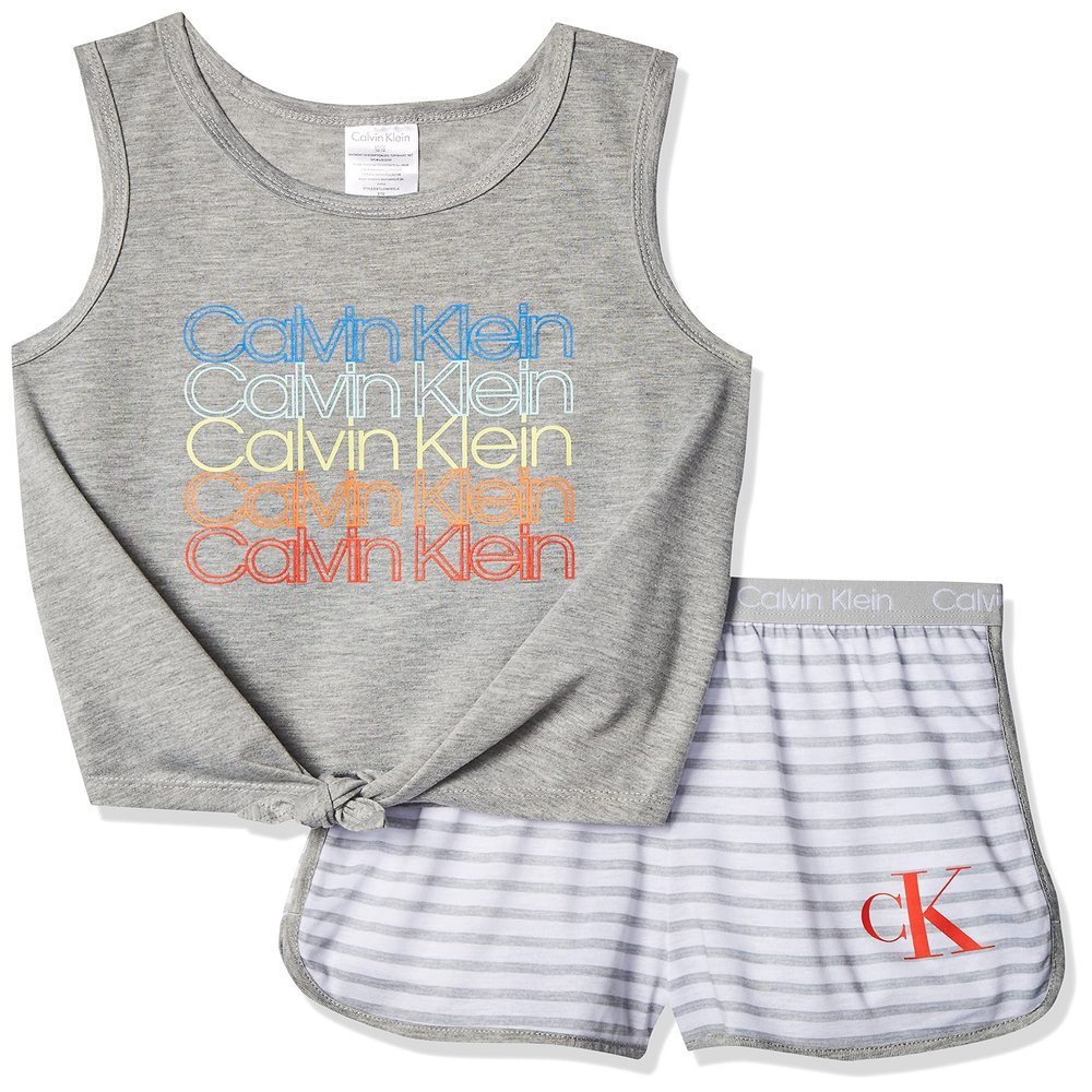 Calvin Klein Girls' Little 2 Piece Sleepwear Top and Bottom Pajama Set Pj, Grey, ck Heather Stripe, Medium
