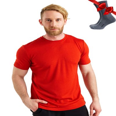 Merino Wool T-Shirt Mens - Merino Wool Undershirt Thermal Shirt for Men and Hiking Socks (X-Large, Red)