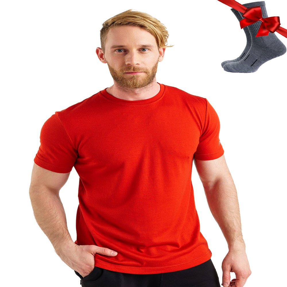 Merino Wool T-Shirt Mens - Merino Wool Undershirt Thermal Shirt for Men and Hiking Socks (X-Large, Red)