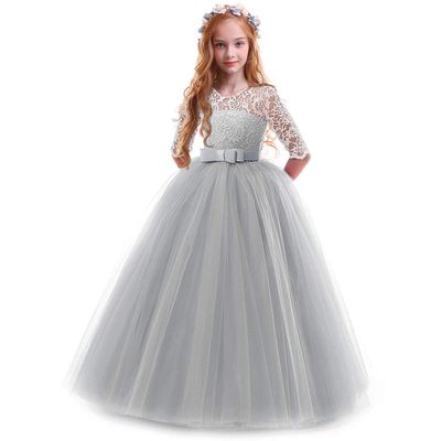 Flower Girls Dresses for Weddings, Little Big Sister Matching Dress, Wedding Bridesmaid Formal Ball Gown Children Kids Princess Dress Stunning Dress Evening Long Maxi Tulle Gowns Grey 7-8 Years