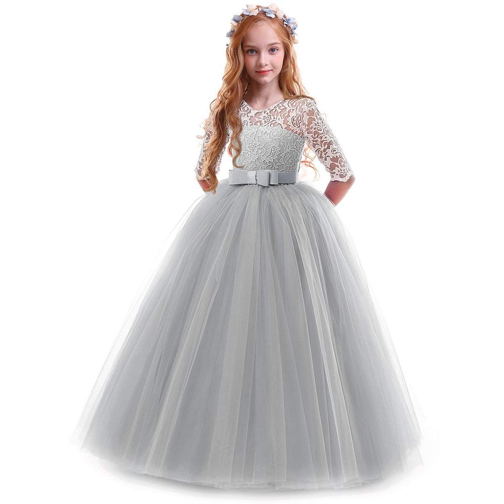 Flower Girls Dresses for Weddings, Little Big Sister Matching Dress, Wedding Bridesmaid Formal Ball Gown Children Kids Princess Dress Stunning Dress Evening Long Maxi Tulle Gowns Grey 7-8 Years