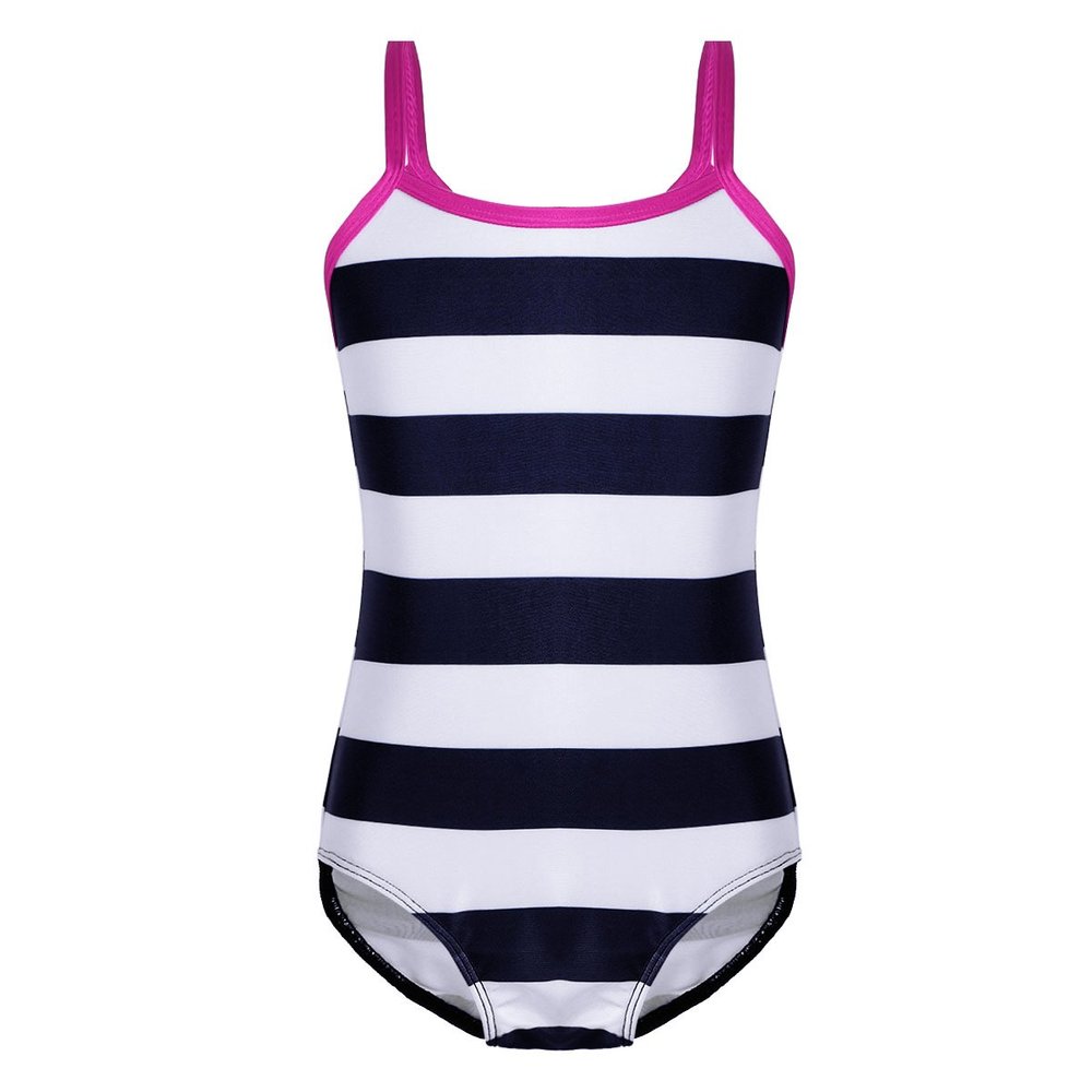 ranrann Kids Girls One-Piece Swimsuit Striped Swimwear Quick Dry Bathing Suit Beachwear Dark Navy 2