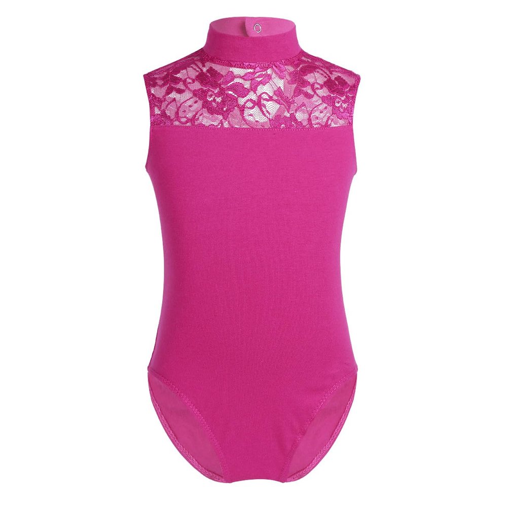 dPois Kids Girls Turtleneck Ballet Dance Leotard Floral Lace Dance Bodysuit Cutout Back Leotard One Piece Unitard Rose Red (Lace) 7-8