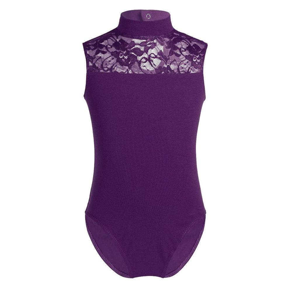dPois Kids Girls Turtleneck Ballet Dance Leotard Floral Lace Dance Bodysuit Cutout Back Leotard One Piece Unitard Purple (Lace) 9-10