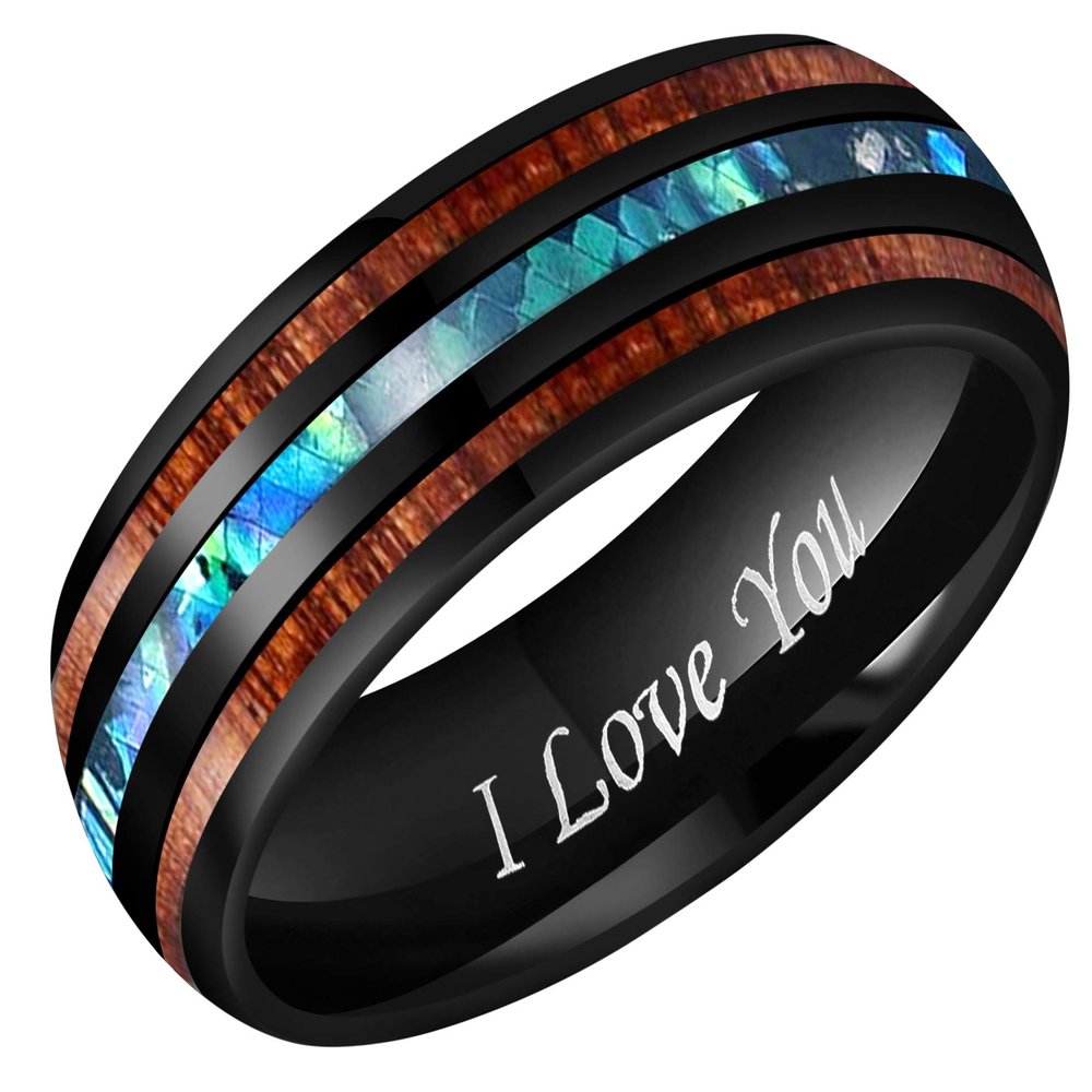 CROWNAL 8mm Rare Koa Wood and Abalone Shell Inlay Balck Tungsten Carbide Ring Men Women Wedding Band Engraved I Love You Size 7 to 17 (8mm,9.5)