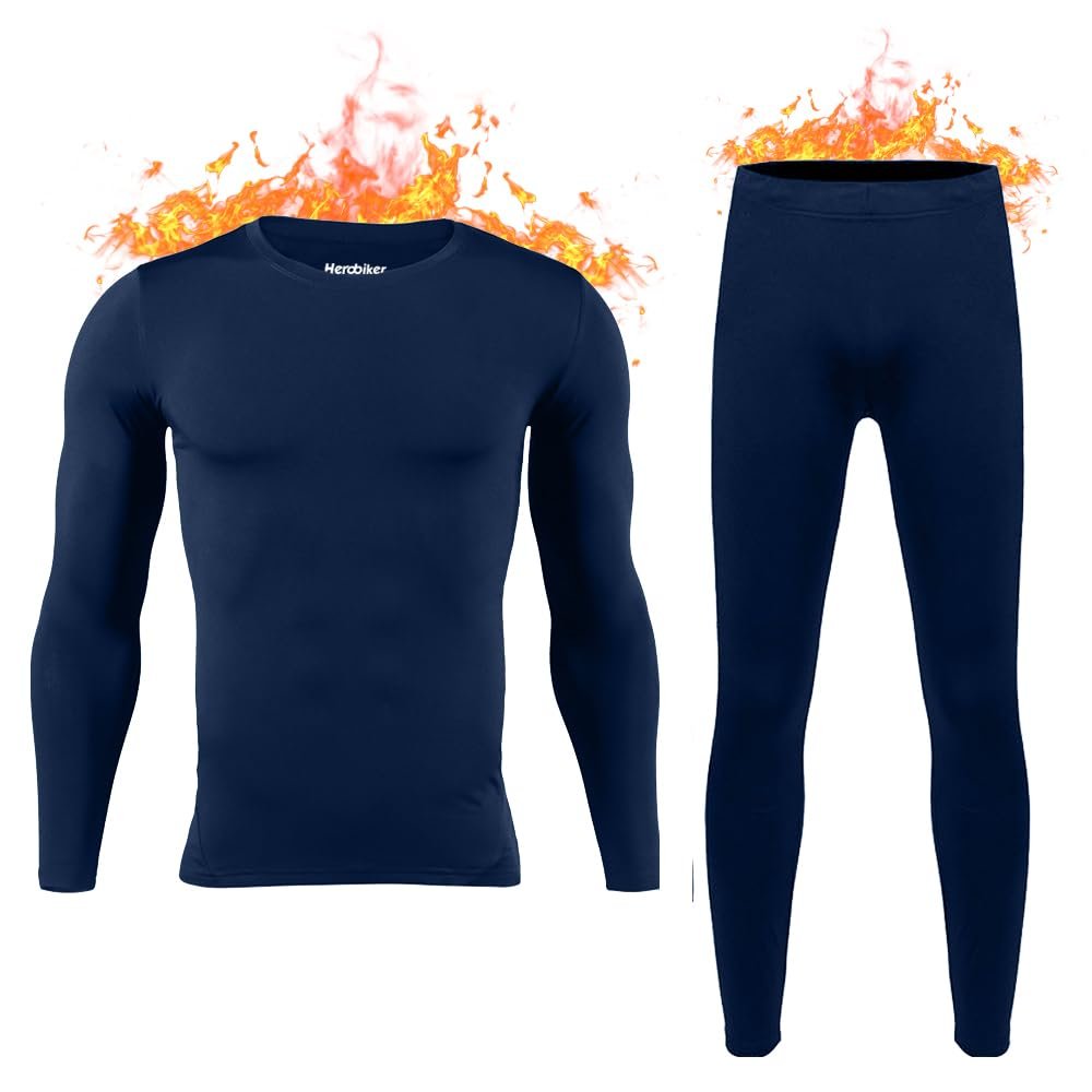 HEROBIKER Mens Thermal Underwear Set Skiing Winter Warm Base Layers Tight Long Johns Top & Bottom Set with Fleece Lined Blue XL