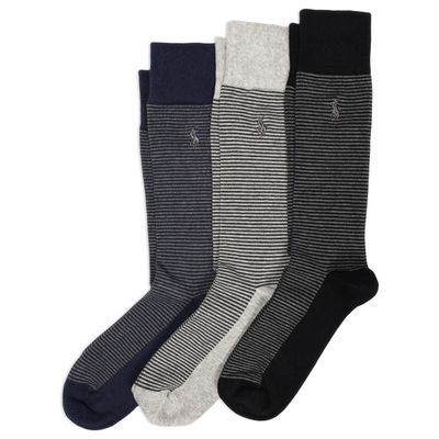 POLO RALPH LAUREN Men's Feeder Stripe Casual Crew Socks 3 Pair Pack - Lightweight Cotton Comfort, Black, 6-12.5