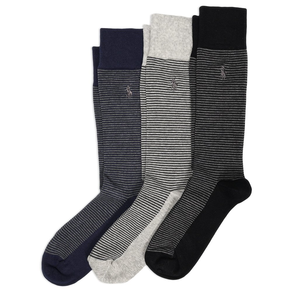 POLO RALPH LAUREN Men's Feeder Stripe Casual Crew Socks 3 Pair Pack - Lightweight Cotton Comfort, Black, 6-12.5