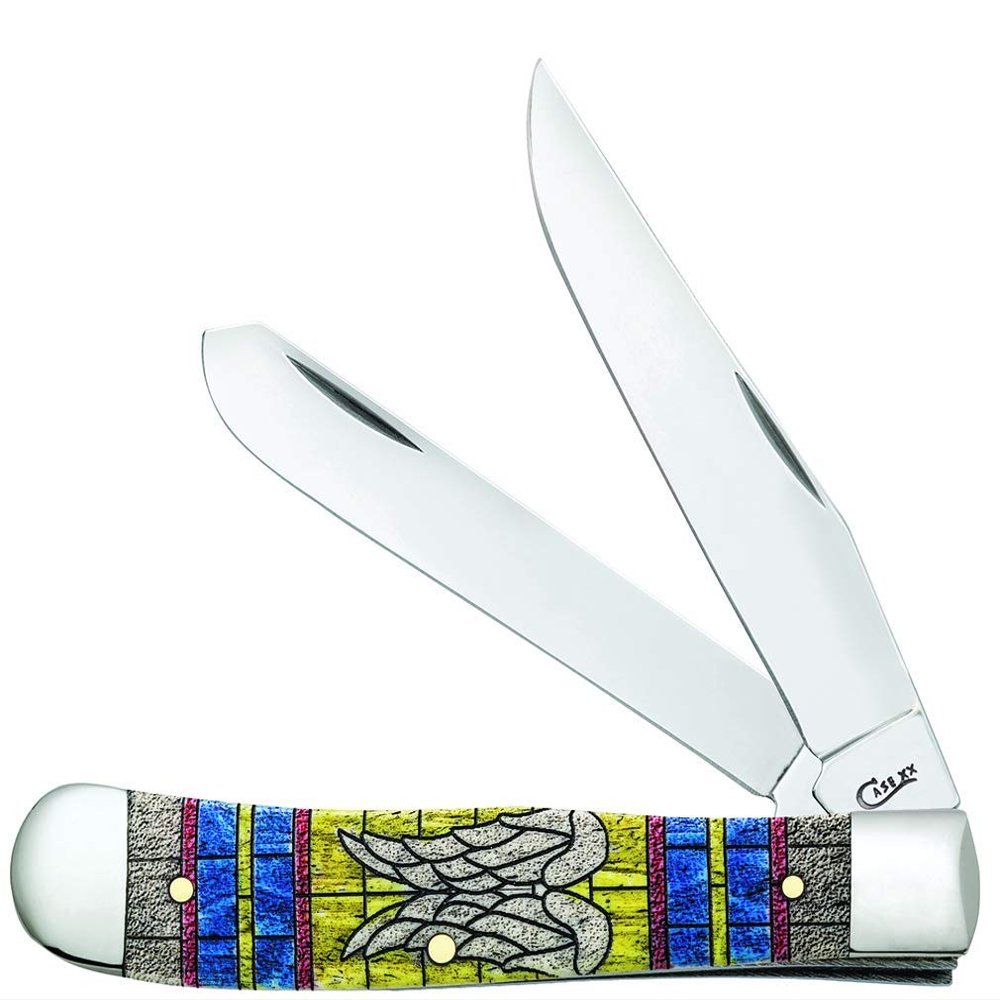 Case WR XX Pocket Knife Trapper Stained Glass Wings Natural Bone Color Wash Item #38714 - (6254 SS) - Length Closed: 4 1/8 Inches