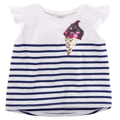 Carter's Girls' Ice Cream Flutter-Sleeve Sequin Tee, White, 3m