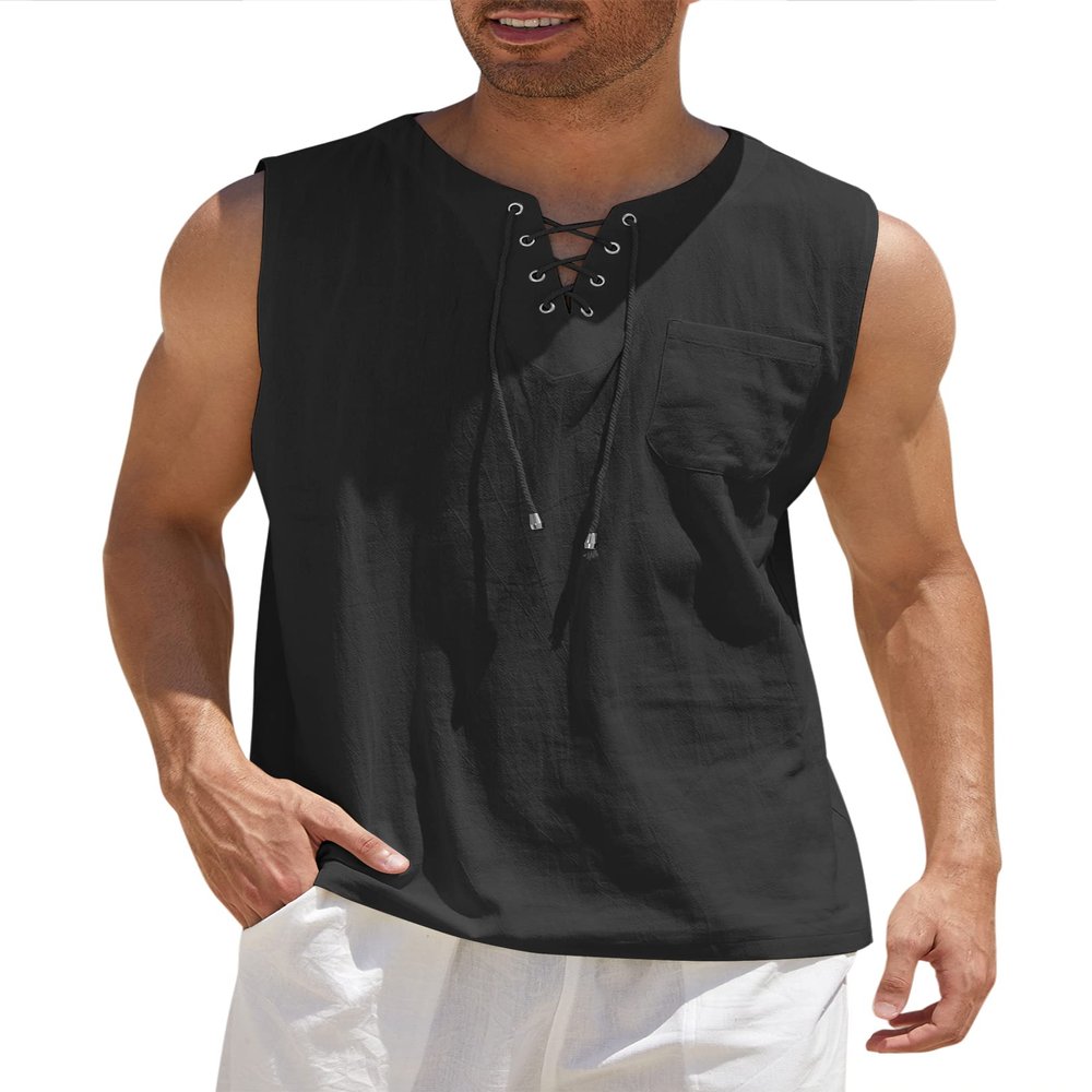 COOFANDY Men Causal Cotton Linen Beach Tank Top Sleeveless T Shirts Hippie Shirts Black