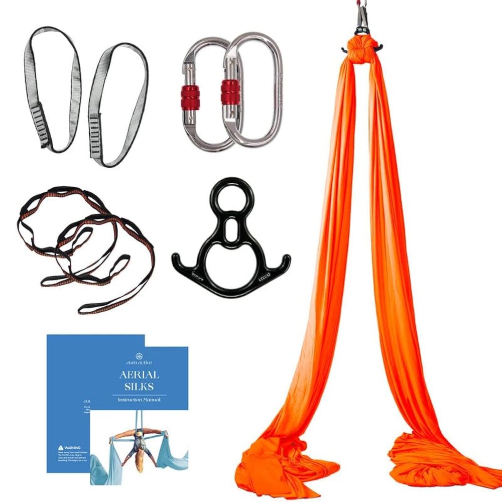 Aum Active Aerial Silks Starter Kit - Durable 9 Yards of Aerial Yoga Hammock with Hardware & Guide - Aerial Swing for Acrobatic Flying Yoga & All Levels (Aerial Rigging Point Up to 13ft)