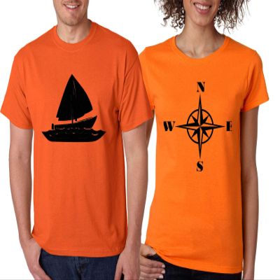 ALLNTRENDS Couple T Shirt Sailing Boat and Compass Matching Valentine's Day Tees (Womens L Mens S, Safety Orange)