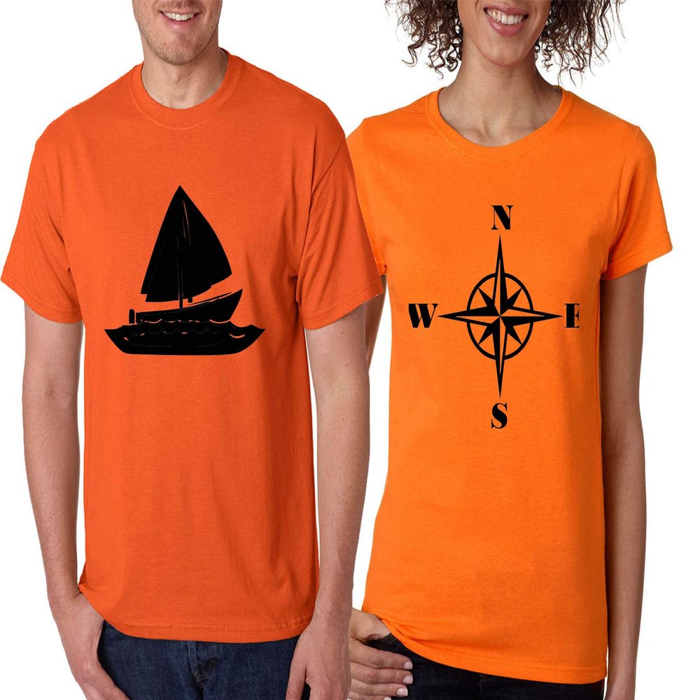 ALLNTRENDS Couple T Shirt Sailing Boat and Compass Matching Valentine's Day Tees (Womens L Mens S, Safety Orange)