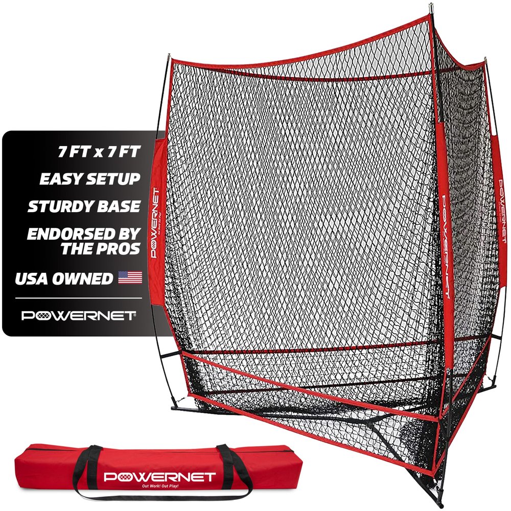 PowerNet Triple Threat Baseball Net, 3 Way 7' x 7' Batting, Hitting & Pitching Net Covers 147 Sq Ft, Softball & Baseball Training Equipment (Red)