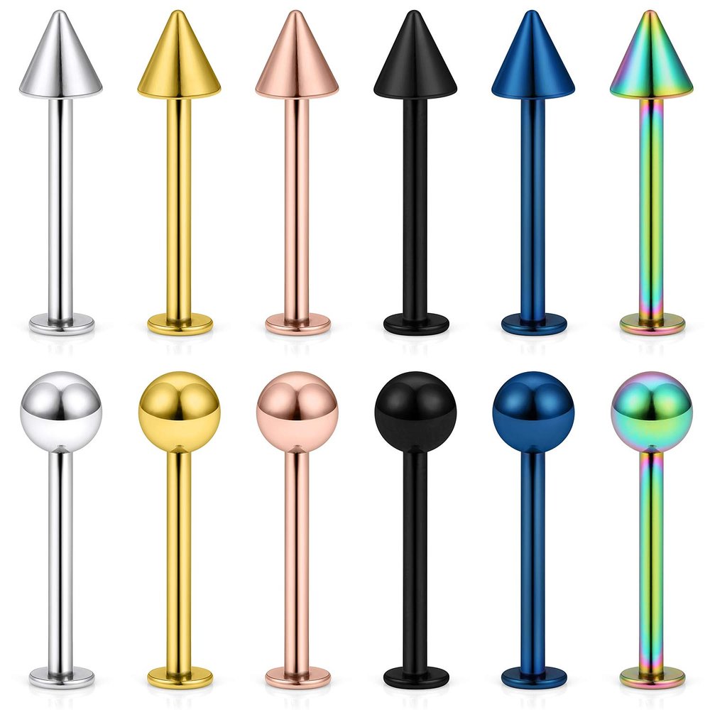 SCERRING 12PCS 14g Stainless Steel Balls & Spikes Labret Monroe Lip Cheek Tragus Cartilage Helix Earring Ring Body Piercing Jewelry 14mm - Mix Color