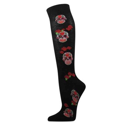 Skull Pattern Fashion Women Stylish Knee High Socks (Black/Skulls & Roses)