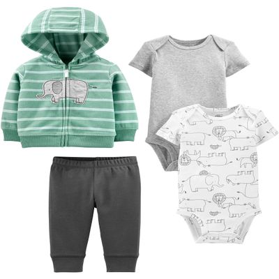 Simple Joys by Carter's Baby 4-Piece Neutral Jacket, Bodysuit, and Pant Set, Mint Elephant, 12 Months