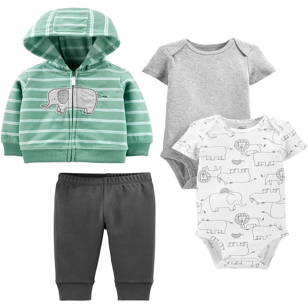 Simple Joys by Carter's Baby 4-Piece Neutral Jacket, Bodysuit, and Pant Set, Mint Elephant, 12 Months