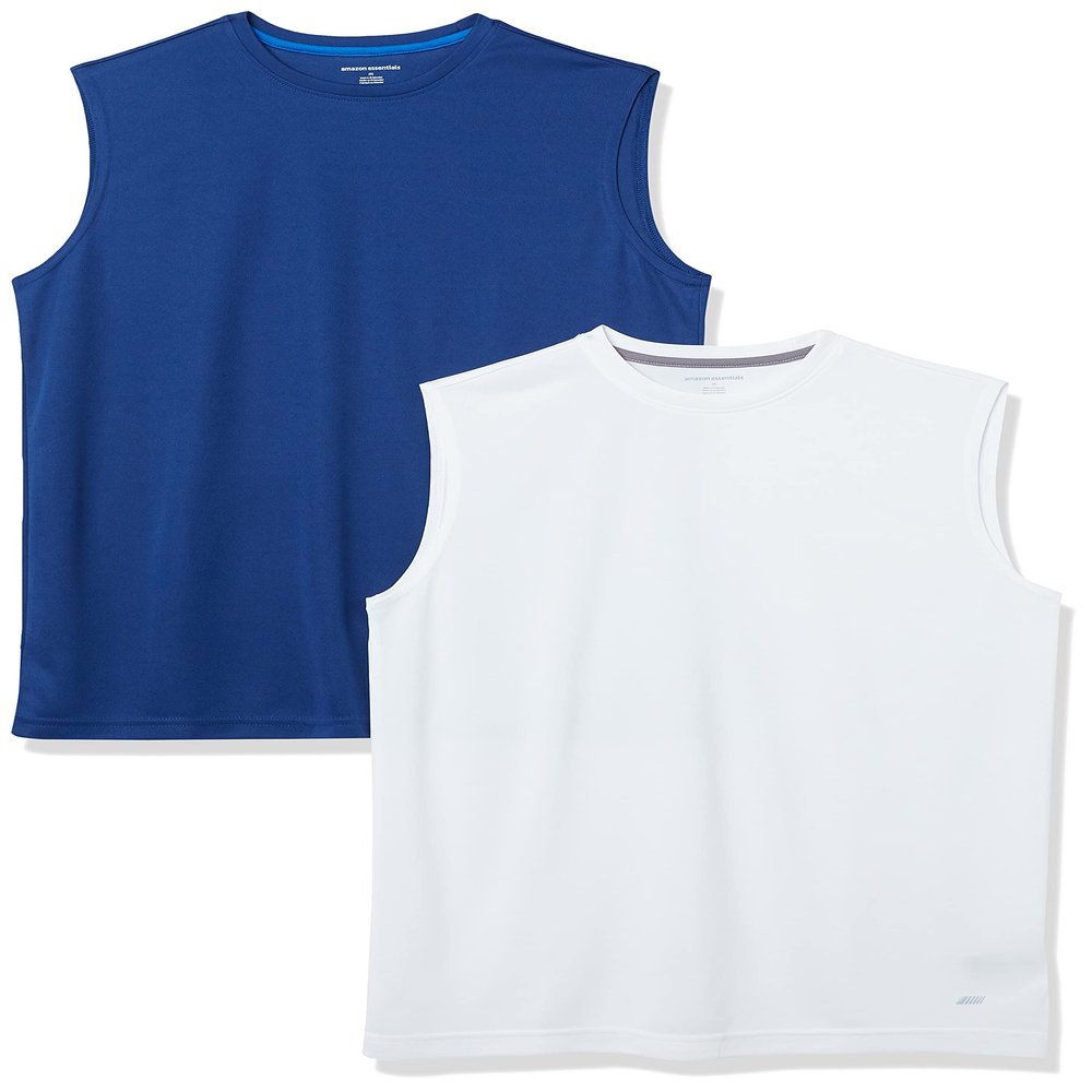Amazon Essentials Men's Gym Tank Tops, Moisture-Wicking Dry Fit Breathable Muscle Shirts, Pack of 2, Navy/White, Medium