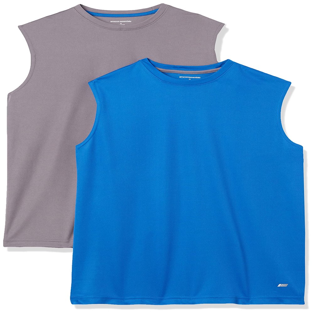Amazon Essentials Men's Active Performance Tech Muscle Sleeveless Tank Top Workout Shirt, Pack of 2, Medium Grey/Royal Blue, Medium
