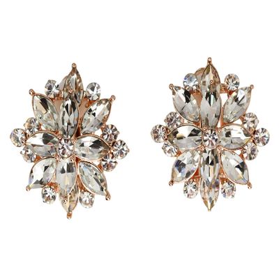 Faship Gorgeous Clear Rhinestone Crystal Floral Clip On Style Earrings - Clear/Rose-Gold-Plated
