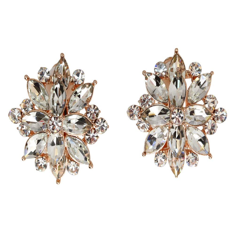 Faship Gorgeous Clear Rhinestone Crystal Floral Clip On Style Earrings - Clear/Rose-Gold-Plated