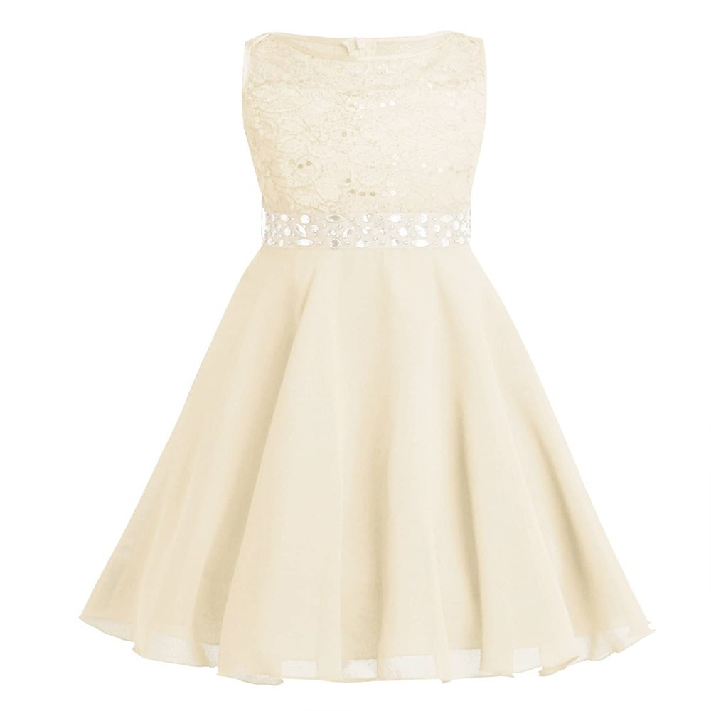 YiZYiF Kids Sequins Lace Bodice Flower Girl Dresses Elegant Rhinestone Floral Embroidered Pageant Wedding Party Gown Z1 Chiffon Beige 10